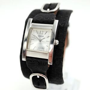 Guess Tank Women Silver Tone Watch 22mm Square Black Leather w New Battery